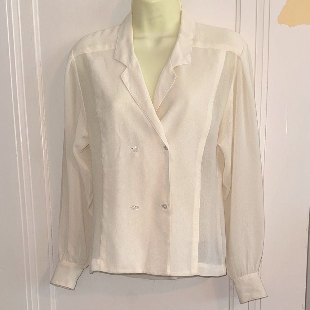 Vintage 80s Liz Claiborne Creamy White Double Breasted Long Sleeved Blouse